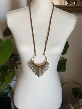 Vintage Charming Charlie Gold-Tone Fringe Pendant Leather Cord Necklace